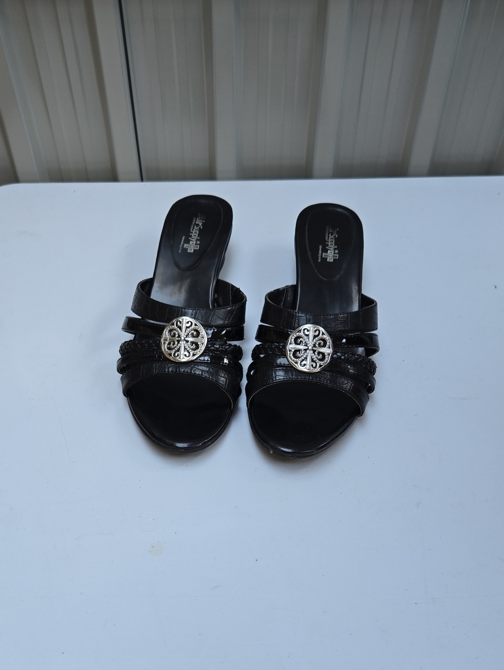 Black Slip-On Dress Sandals with Silver Medallion Accent